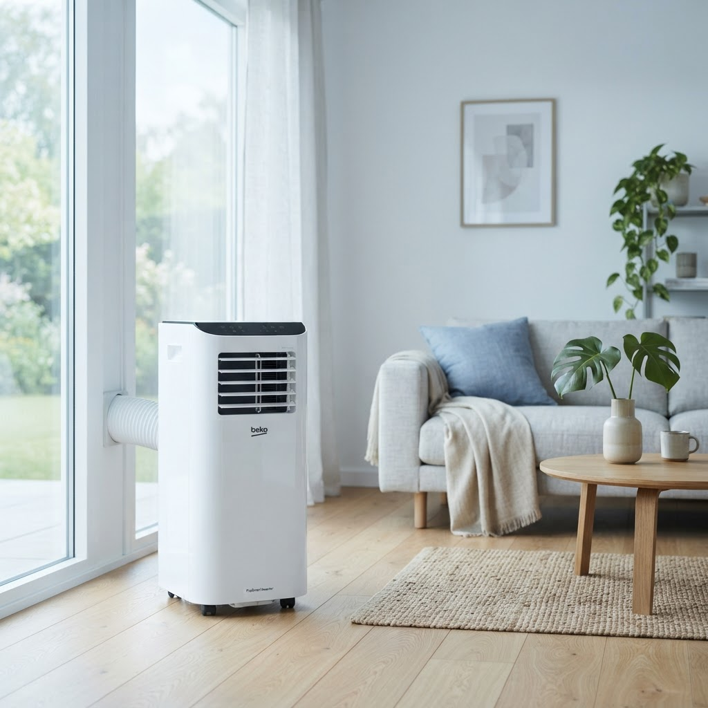 Climatiseur portatif Beko dans un salon lumineux et moderne